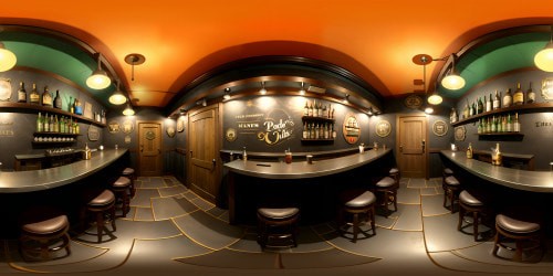 Inside VR360 view of "Paddy's Pub", ultra-high-res textures, detailed wood grain bar, worn-out stools, chalkboard menus. Fantasy twist, monkey bartender uncannily pouring beer. No humans, only their items: empty beer glasses, Dennis's vanity mirror, Mac's workout gear, Dee's unpaid tab, Charlie's rat stick, Frank's discarded cigar. VR360 interior scene, Pixar-style animation, full of character and humor.