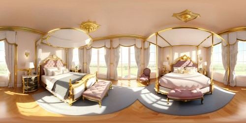 Opulent boudoir, lavish canopy bed, plush velvet drapes, antique vanity set. Baroque mirrorwork, pearl inlays, gilded trims. VR360 scenic window, starlit night vista, radiant moon. Style: crisp detail, hyperrealism, illuminated chiaroscuro accents. Optimized for VR360 viewing.