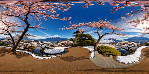 Snow-glazed cherry blossom trees encircle a tranquil frost-coated pond within a serene Japanese garden, majestic Mount Fuji standing tall against a flawless azure sky, crafting a highly detailed winter masterpiece in ultra high resolution, embodying sheer perfection.