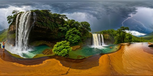 An awe-inspiring, flawlessly cascading waterfall, glistening in the crystal-clear waters, men joyfully swimming in the pristine pool below as thunderstorms rage and rain pours down, all captured in breathtaking ultra-high resolution, an aquatic masterpiece in intricate detail.