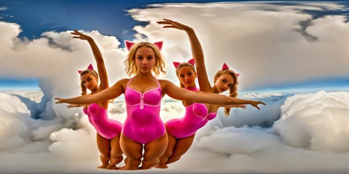 five princesses_wearing pink leotards_one has blue eyes_two of the are blonde_they are squatting_spread_arms above their heads_close up of armpit_ cat ears, bodies vertically centered in middle 50% of image
