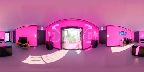 Ultra high-res VR360 masterpiece. Hyper-realistic, pink neon-lit bedroom, opulent anime style. Pink computer, neon signage casting dynamic hues. Holographic interface elements, VR360 immersive anime realism.