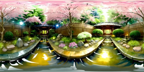 Ultra high res VR360 view, meticulously groomed Japanese garden. Cherry blossom trees in full bloom, Koi pond shimmering, stone lanterns dimly lit. Zen sand garden, flawless, raked waves. Soft pastel hues, anime style, overwhelming serenity. Unrivaled masterpiece, VR360 immersion.