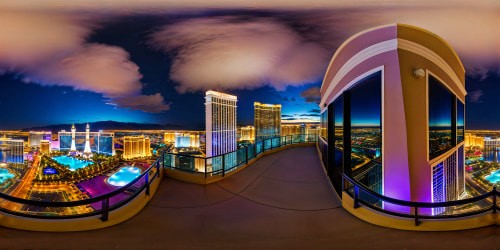 An impeccably detailed, ultra-high-resolution portrayal of a lavish Las Vegas penthouse balcony, gazing upon the gleaming, neon-infused strip, skyscrapers shimmering, the city glowing beneath a flawless ultraviolet night sky.