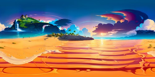 VR360 masterpiece, ultra-high resolution, tropical beach, golden hour glow on pristine sands, tranquil crystal-clear waters. Swaying palm trees, painted cotton candy sky, VR360 visual feast of tropical tranquility. Pixar-style, vibrant color palette, detailed texture, flawless detail capturing.