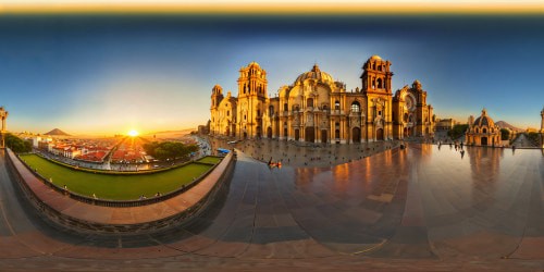 Imposing Mexico City skyline gleaming at golden hour, bustling Zocalo square, grandiose cathedrals with intricate facades, sprawling urban metropolis bathed in warm, vibrant hues, ultra HD details capturing every architectural nuance.