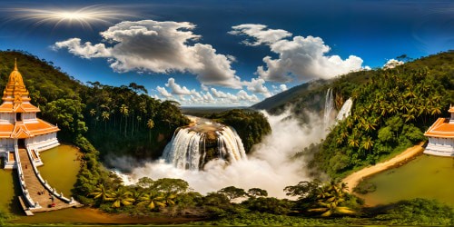 Nestled within a vibrant, luscious Indian jungle, an immaculate Hindu temple serenely rests beside a babbling stream, enveloped by the vibrant hues of peacock feathers and tiger stripes, under the brilliant radiance of azure skies, displayed flawlessly in ultra-high resolution.