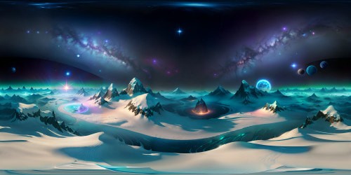 VR360 masterpiece, ultra HD, snowy mountain range, 8000ft majestic peaks encircling, surreal galaxy-scape overhead. Photorealistic nebulae, detailed spaceships imprinted on vast cosmos. Use of chiaroscuro, texturing for high realism. Pixar-style spaceships, playful designs, soft-edged, balanced against dramatic peak detailing, snow-textured. Blend of realism,