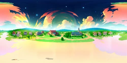 VR360: Renaissance painting style, chiaroscuro effects, dramatic lighting, intricate detailing. Grand vistas: ultra high-res textures, rich color scheme. Peaks of masterpiece quality, undeniably beautiful. VR360: Massive sky domes, elaborate cloud patterns, sparkling stars against golden sunset hues, saturated with exquisite detail.