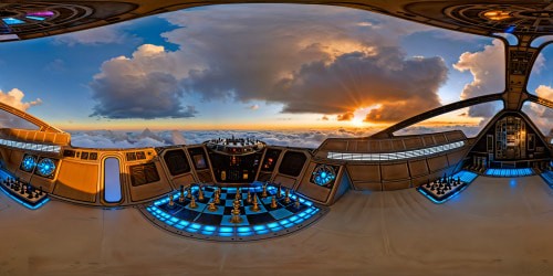 Immerse yourself in the flawlessly detailed main area of the Millennium Falcon, with gleaming futuristic technology, flickering holographic chess pieces, intricate metal grating underfoot, and a soft blue ambient lighting, a digital masterpiece at ultra-high resolution.