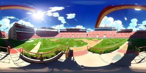 San Francisco 49ers' vibrant crimson and gold in panoramic VR360, Levi's Stadium amidst vibrant cityscape, sunset hues amplifying metallic sheen, ultra high-res details, masterpiece-level dedication, Pixar-like vibrancy.