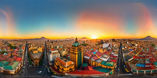 A flawless, ultra high-resolution panorama capturing the bustling and vibrant cityscape of Mexico City, showcasing iconic skyscrapers, ancient architecture, bustling streets, colorful markets, and distant mountains under a perfect golden hour sky.