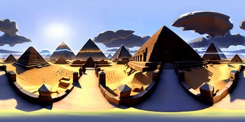 VR360: ancient Egypt, majestic pyramids, sphinx mirage, sandstone blocks, hieroglyphic marvels. VR360: Nile riverbed, papyrus thickets, lotus blooms, royal barge silhouette. Ultra high res, museum-worthy, grandeur masterpiece style. High fidelity, an artistic rendition of historical architecture.