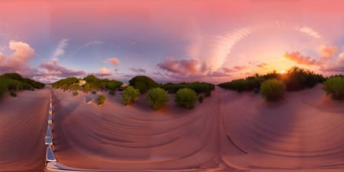 VR360 pristine beach, crystal-clear water, powdered-sugar sand, exotic palm silhouettes. Background: masterpiece sunset, radiant colors. Ultra-high resolution, VR360 view, watercolor style.