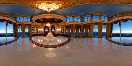 A lavish, exquisite ballroom with intricate crystal chandeliers, ornate golden details, elegant marble floors, and cascading velvet curtains, under a soft moonlit night, reflecting the vibrant gowns of regal ladies, exuding opulence and sophistication.