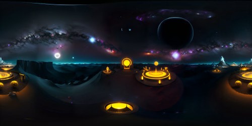 VR360 ultra high-res spectacle, ebony universe expansive, inky blankness with sparkling galaxies, nebulas whispering stories, obsidian canvas lit by ethereal star showers. Masterpiece pitch dark aesthetic, monochrome digital painting style, VR360 immersive celestial exploration.