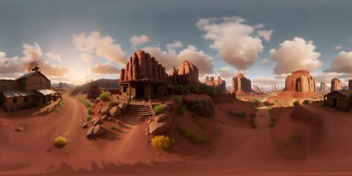 VR360 masterpiece, ultra-high-resolution, Wild West ambiance, Red Dead Redemption influence, sunset-hued vista, dramatic mountain range, weathered frontier structures, stylized Pixar-like artwork.