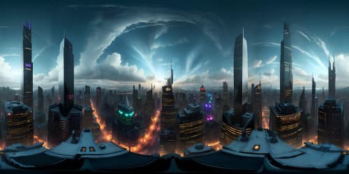 Ultra-high-res VR360, Gotham City panorama, Batman Joker confrontation, masterpiece quality, comic-style colors, striking shadows, dramatic sky, iconic cityscape, noir atmosphere, stylized Gotham architecture.