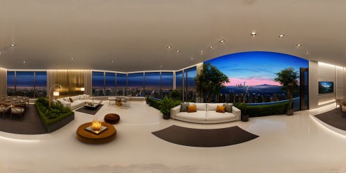 A flawlessly crafted, modern living space in ultra high resolution, minimalist furniture against gleaming surfaces reflecting ambient light, vast windows showcasing a twilight cityscape, opulent interior garden, and intricate architectural features, forming a luxurious design masterpiece with breathtaking detail.