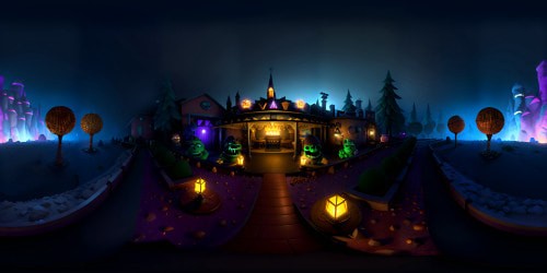 Pixar-style Five Nights at Freddy's setting, uncanny pizzeria ambiance VR360, night-lit stage, animatronics, dimly glowing bulbs, table tops with checkered tablecloths VR360. Ultra-HD, unique textural detailing, vivid contrasts, sharp outlines, precision illumination effects. Masterpiece-level execution, visually tantalizing.