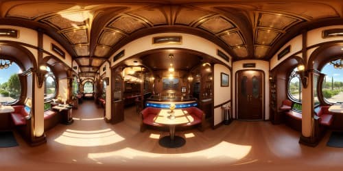 VR360 view, inside a cafe, hanging chandeliers, high-res intricate patterns, leather-bound books, Art Nouveau style, espresso machine brass details, antique wood finish, masterpiece quality.