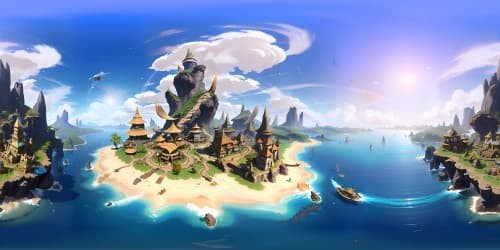 Epic Skylanders-inspired universe, colossal floating islands, iridescent gemstone clusters, ethereal clouds, magical artifacts. High-resolution Pixar-style rendering. VR360 vibrancy, playful hues, dynamic lighting, ultra-detailed textures. VR360 masterpiece, captivating vastness.