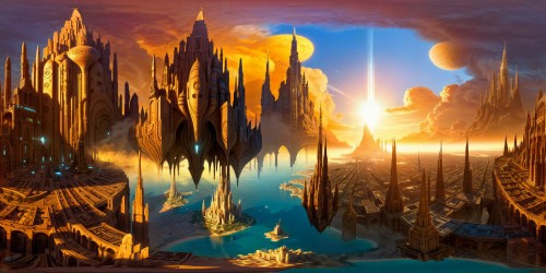 An ancient alien metropolis with towering spires and intricate carvings, bathed in the warm glow of multiple suns, casting long shadows across the gleaming metallic streets, skyscraping structures disappearing into the ethereal skies above, a stunning sci-fi artwork in ultra-high resolution.