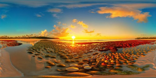 At the serene beach at golden hour, a flawless sunset casts a warm glow over vibrant tidepools, colorful seashells, shimmering clear waters, and intricate sand ripples, all in stunning ultra HD detail.