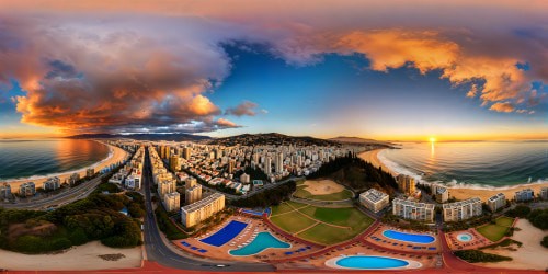 In ultra-high resolution detail, a shimmering seaside view of Vina del Mar, showcasing flawless palm-lined golden beaches, crystalline azure waters, vibrant coastal architecture, distant Andean peaks, under a dazzling golden sunset, a true digital masterpiece.