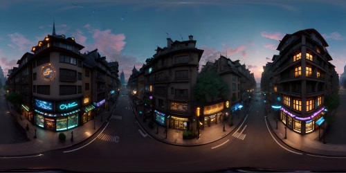 VR360 view, ultra high-res masterpiece, nighttime city, shimmering cityscape, skyscrapers silhouettes, twinkling lights, cobblestone streets, ornate bridges, moonlit river. Style: Impressionistic, rich dark hues, vibrant specks, brushstroke details, soft gradation, high contrast glow. Evocative, visually stunning for a VR360 experience.