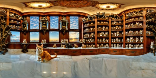 Meticulously detailed chamber filled with countless intricately sculpted cat figures meticulously arranged on shelves, polished marble floors reflecting the exquisite craftsmanship, warm, ambient lighting highlighting every perfect imperfection, a surreal cat lover's sanctuary captured in flawless ultra-high resolution.