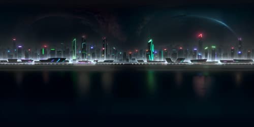 VR360 night cityscape, masterpiece quality, twinkling skyline panorama. Ultra high-res, neon city glow, towering skyscrapers, reflection on water's surface. VR360 view, film noir-style, chiaroscuro lighting, intricate detailing.