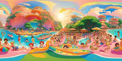 A vibrant, dazzling seaside waterpark with numerous anime characters in a variety of colorful swimsuits, intricate water slides, playful inflatable tubes, crystal clear pool water, and a sunny sky so vivid it seems to glow, creating a perfect, flawless paradise bursting with summer fun - a masterful high-resolution anime oasis.