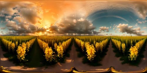 VR360: Ultra high-resolution, masterpiece quality, honey-gold shafts of sunlight, VR360: blonde wheat fields encircling, golden hues dominating the panorama.