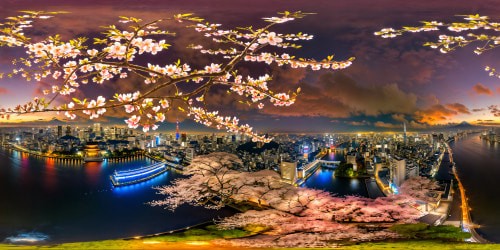 Immersive cityscape of Tokyo, blending ancient temples with towering skyscrapers, neon lights reflecting in the serene river, cherry blossom petals dancing in the air, flawless ultra high-res detail.