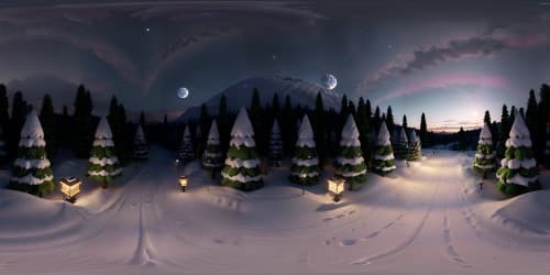 VR360 view, Christmas tree forest, densely adorned with glowing lights. Moonlit night, snowy landscape, pristine snowflakes. Ultra high-res, masterpiece quality, flawless VR360 experience.