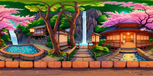 A magnificent, meticulously detailed Japanese open-air bathhouse nestled in a tranquil forest glen, featuring a fantastical mix of diverse ages and races, surrounded by vibrant cherry blossoms, cascading waterfalls, intricate tiled patterns, glowing lanterns, and steam rising under the moonlit sky, a digital painting masterpiece in ultra-high resolution.