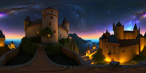 dark fantasy style, laying in bed in a small cozy room with a view to the old town with castle at night with stars