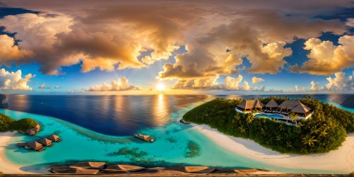 ideal prompt: A grand, opulent resort on surreal azure waters, with elegant overwater villas, swaying palm trees, shimmering golden beaches, vivid coral reefs, faultless cloudless skies, and the sun painting the horizon in a golden light, all captured in stunning 8K resolution.