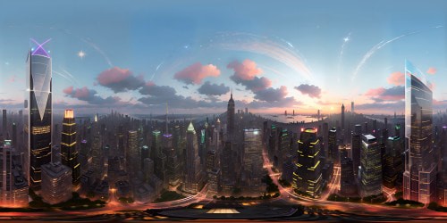 NYC skyline, towering skyscrapers, twinkling city lights. Futuristic architecture, sleek, glass-covered buildings, delicate filigree of bridges. Sunset hues, painterly clouds, stars sprinkling. Ultra high res, Pixar-style, VR360 panorama inviting depth, VR360 majesty of urban landscape. Masterpiece quality, crisp details, vibrant coloring.