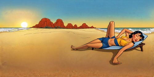 A flawless, high-resolution image of a Chinese person reclining on a pristine sandy beach at sunset, the ocean landscape, intricate textures, and golden hues creating a truly breathtaking masterpiece.