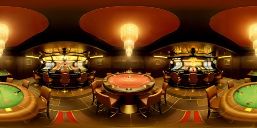 VR360, high-stakes casino lounge. Velvet card tables, crystal chandeliers reflecting neon lights. Roulette wheels spinning in slow-motion, poker chips shimmering with iridescence. Sleek bar, top-shelf liquors, vintage cocktails. VR360, ultra HD, Rembrandt-meets-Scorsese style, masterpiece level detail, chiaroscuro lighting.