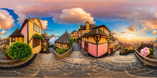 A flawlessly detailed, ultra high-resolution 8K portrayal of a magnificent Pokémon town, lively rooftops under a picturesque cotton candy sky, winding cobblestone pathways flanked by vivid shops, vibrant market stands, elaborate architecture, and charming Pokémon decorations embellishing every nook.