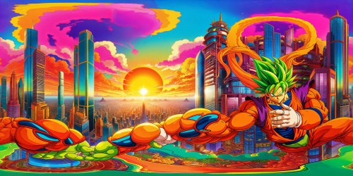 Futuristic Dragon Ball Z-inspired sky city boasting epic training grounds, skyscrapers piercing flawless crimson skies, holographic arenas gleaming in ultra high-res, crackling energy swirling in vibrant, detailed perfection.