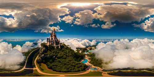 Stunningly detailed, ultra high-resolution aerial view of Walt Disney World, showcasing immaculate landscaping, iconic Cinderella Castle, shimmering waterways, vibrant foliage, and flawless design under a perfect sunny sky.