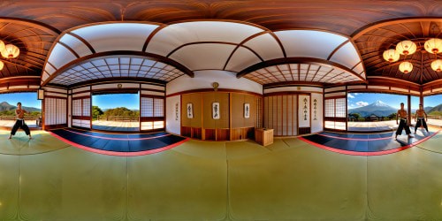 A flawlessly crafted, high-resolution scene of a serene traditional Japanese dojo embellished with sliding paper doors and intricate wooden panels, where a martial artist clad in authentic martial arts attire practices with fluid, precise movements under the soft glow of lanterns, embodying elegance and discipline in every gesture.