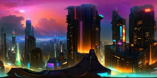 Overlooking a sprawling cyberpunk cityscape, neon lights shimmer off rain-soaked streets, towering neon-lit skyscrapers casting long shadows under a smog-filled star-lit sky, a futuristic metropolis straight out of a film noir masterpiece, ultra high resolution.