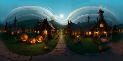 halloween ghost town at night with autumn leaves, pumpkins, scarecrows, skeletons, and jacko'lanterns viewed from the sky