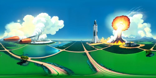 Apollo era rocket launch, fiery exhaust plume, vintage control center, crawling gantry, gleaming metal, billowing steam, Florida palm silhouettes. Art style: crisp detailing, high contrast, ultra high-resolution, visual depth. A grand, atmospheric VR360 digital painting of a nostalgic space exploration era.