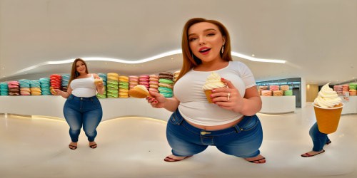 beautiful woman eating ice cream in a white top and jeans, huge belly, large hips, very fat